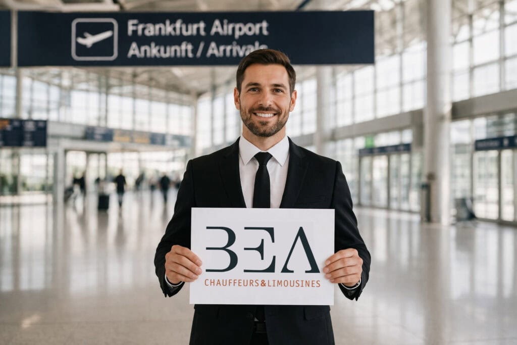Chauffeur empfängt Gast mit Namensschild am Flughafen Frankfurt – BEA Limousines